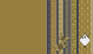 Two golden butterflies on striped canvas with an ornament pattern on beige
