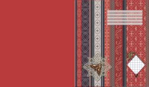 Bronze butterfly brooch on striped canvas with an ornament pattern on maroon