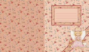 Red pears and apples seamless pattern on a beige background with little angel bottom right