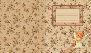 Dark cherries, grape and flowers seamless pattern on an candy background with red hair angel bottom right