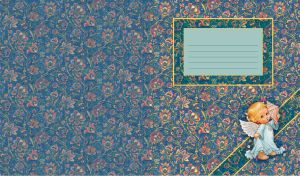 Red yellow art flowers seamless pattern on a dark blue background with angel bottom right, holding seashell