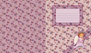 Grapes bunch seamless pattern on a pastel purple background with red hair angel bottom right