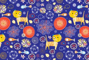 Seamless pattern design with cat, fish and flower