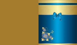 Sapphire blue card with golden stripes with a blue bow and engraved blue flowers