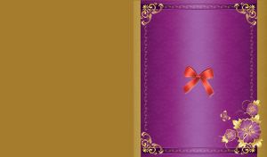 Violet card adorned with gold trim, red bow and engraved purple flowers.
