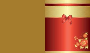 Maroon red card with golden stripes with a red bow and engraved red flowers