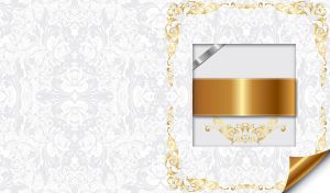 Gold-striped box on the white wallpaper adorned with floral and swirl patterns