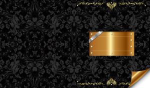Gold square on a black wallpaper embellished with floral and swirl patterns