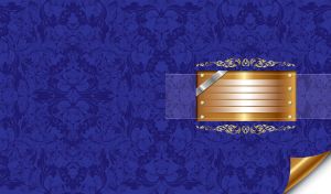 Gold rectangle on a navy wallpaper embellished with floral and swirl patterns