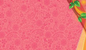 Ladybug sits on the wet green leaves on a dark pink, seamless floral pattern