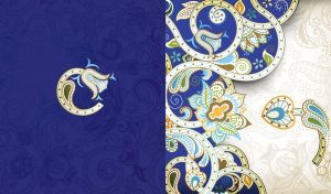 Batik flower against the navy-blue and white floral patterned oriental backdrop