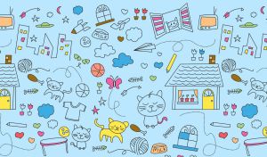 Children's drawings of cats and things on pastel blue wallpaper