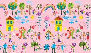 Children's drawings happy family holiday on pastel pink wallpaper