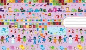 Children's drawings of kids, cars and alphabet blocks on pastel purple wallpaper