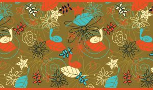 Seamless pattern of flowers, leaves, butterflies and snails on ocher-green