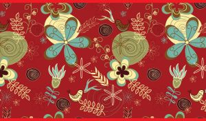Seamless pattern of flowers, leaves and birds in teal and olive on maroon