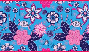 Seamless pattern of flowers and leaves in dark blue and pink colors on blue