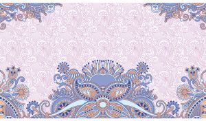Blue and brown ornament pattern on pastel purple-pink batik patterned wallpaper