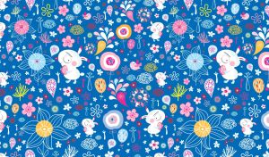 Vintage seamless patterns of bunnies, droplets and flowers on blue wallpaper