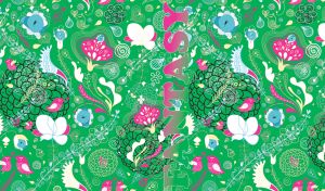 Vintage seamless stencil patterns birds, cones and flowers on green wallpaper