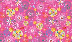 Vintage seamless patterns birds, balls and flowers on pink wallpaper