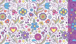 Seamless pattern of flowers and hearts on a white background with purple sidebar