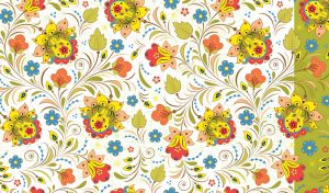 Seamless pattern of flowers and leaves on a white backdrop with an olive sidebar