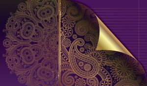 Golden batik pattern on a dark purple page with a curved corner