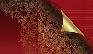 Golden batik pattern on a maroon page with a curved corner