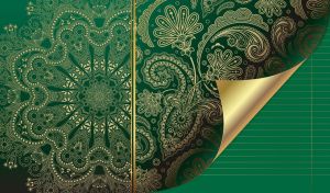 Golden batik pattern on a dark green page with a curved corner