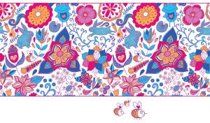 Pink and blue seamless patterns of bunnies, frogs and bees on a white backdrop