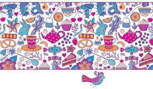 Pink and teal seamless pattern of a tea table theme on a white background