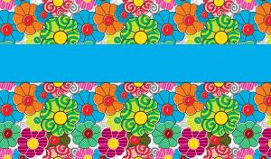 Blue horizontal stripe on a mix of multicolored seamless floral pattern