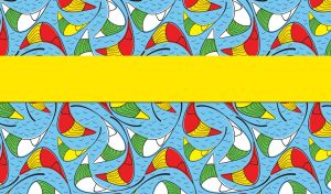 Yellow horizontal stripe on a mix of multicolored fish seamless pattern on blue