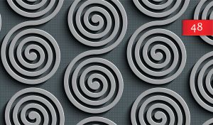 Grey S shape spiral patterns on a metallic grey polka dot patterned background