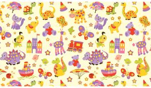 Seamless patterns of a colorful toy set on light yellow wallpaper