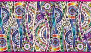 Colorful ethnic ornate geometric mosaic pattern with floral and swirl design