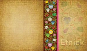 Colorful ethnic floral design on a maroon panel on yellow-ocher fabric texture