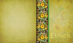 Yellow ethnic floral design on a black panel on an olive fabric texture
