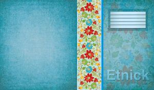 Colorful ethnic floral design on a light blue panel on teal fabric texture