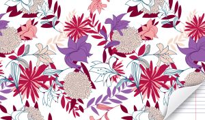 Seamless pattern of purple, maroon and beige flowers on a white background