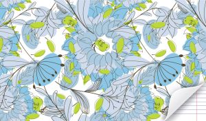 Seamless pattern of pastel blue, green and gray flowers on a white background