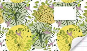 Seamless pattern of pastel green and yellow flowers with pink birds on white