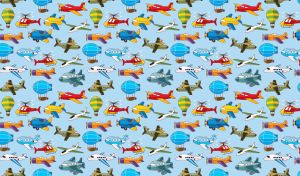 Aircraft seamless pattern with airships, planes and air balloons on pastel blue