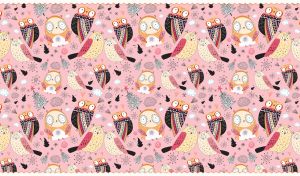 Owl seamless pattern with christmas trees, feathers and swirls on pastel pink