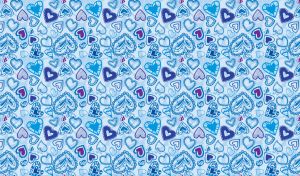 Seamless pattern of tonal color hearts on a pastel blue wallpaper
