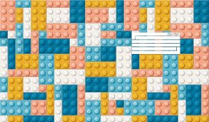 Teal, pastel orange, light yellow and white seamless lego brick pattern