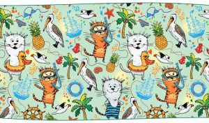 Nautical wallpaper for kids with cats, pelicans and pineapples on pastel green