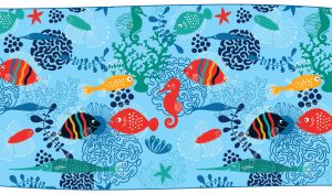 Nautical wallpaper for kids with colorful fish and seahorses on light blue