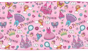 Princess wallpaper for kids with castles, dresses and rainbows on pastel pink